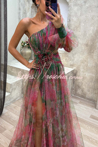Picturesque Beauty Tulle Pleated One Shoulder Sleeve Slit Maxi Dress