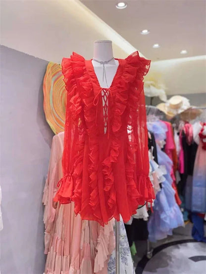 V-neck Lace-up Ruffled Mini Dress – Summer Mesh Bandage High Waist Party Gown