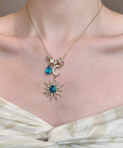 Blue Sun Moon Zircon Alloy Pendant Necklace