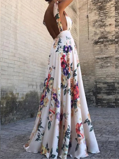 Flower Print Bowknot Leace-up Sleeveless Long Dresses V-neck Backless Evening Party Maxi Dress Spring Summer New