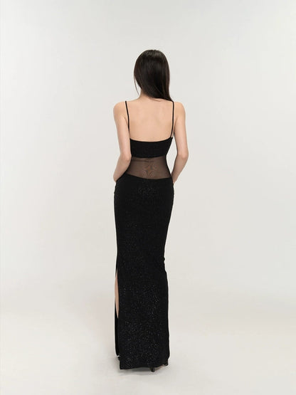 Black Mesh Glitter Maxi Dress