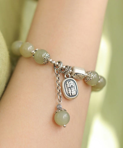 Boutique Light Green Sterling Silver Jade Charm Bracelet and Rings Two Piece Set Charm Bracelet