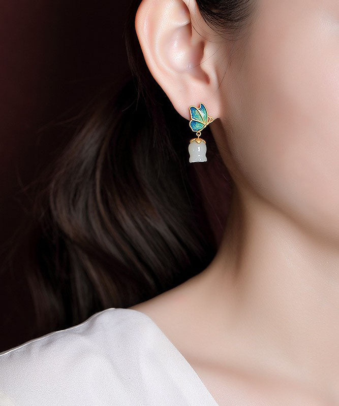 White Sterling Silver Overgild Jade Cloisonne Drop Earrings