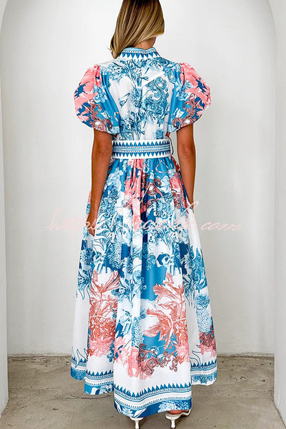 Unique Print Puff Sleeve Button Belt Maxi Dress