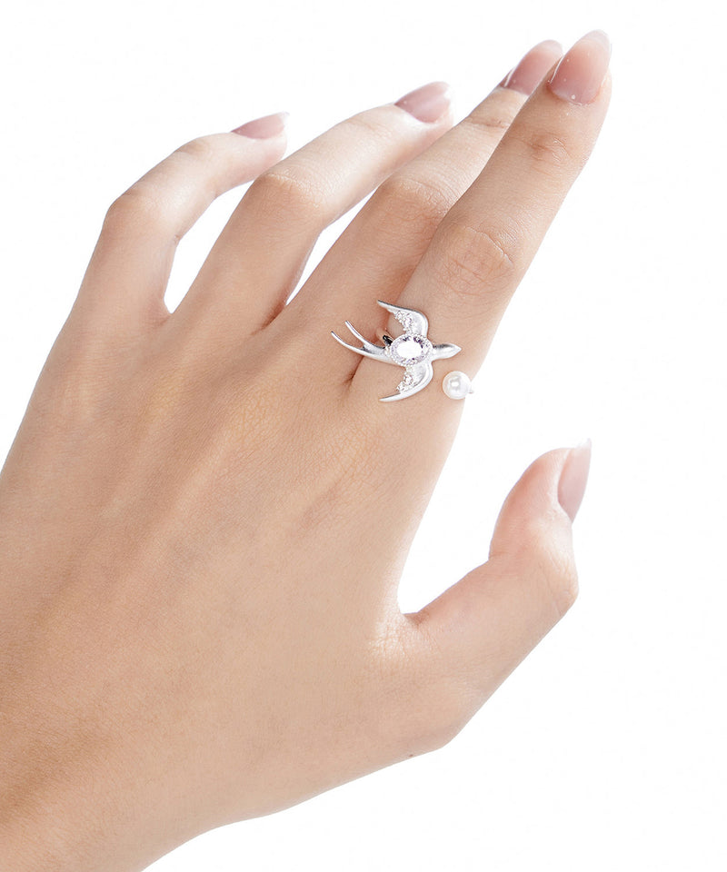Small Bird Large Drill Pearl Zircon Adjustable Silver Rings