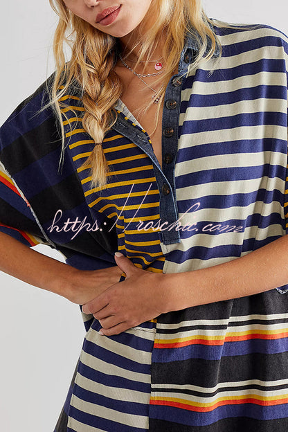Contrast Striped Patchwork Denim Lapel Loose Mini Dress