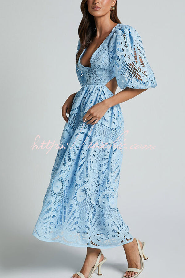 Color V Neck Hollow Lace Waistless Maxi Dress