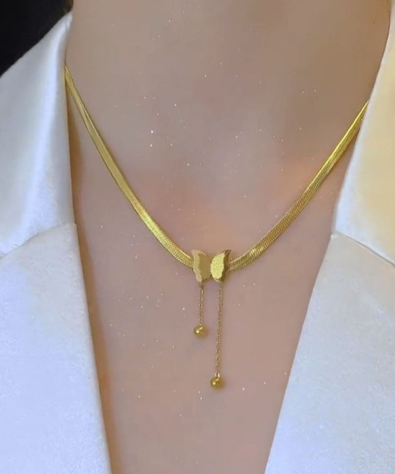 Modern Gold Stainless Steel Butterfly Tassel Pendant Necklace
