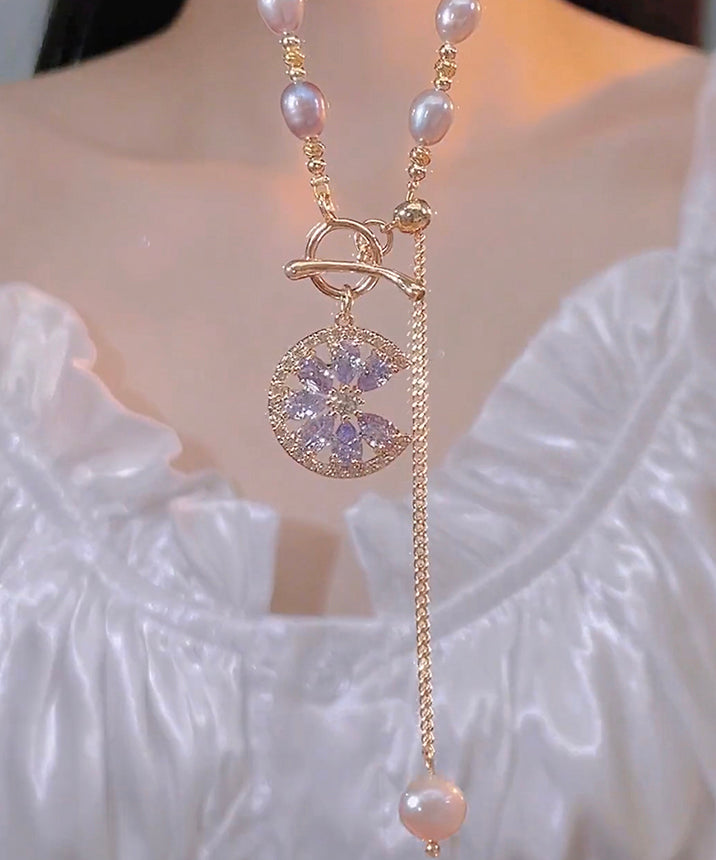 Purple Sterling Silver Overgild Zircon Pearl Tassel Lariat Necklace
