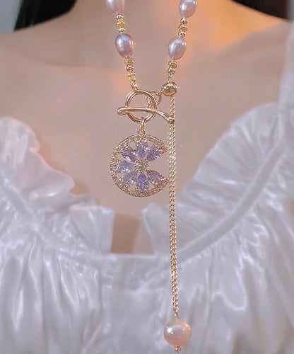 Purple Sterling Silver Overgild Zircon Pearl Tassel Lariat Necklace