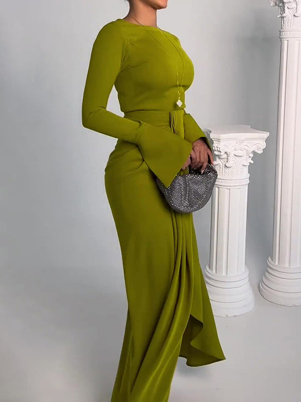 Bodycon Irregularity Color Split-front Round-neck Maxi Dresses