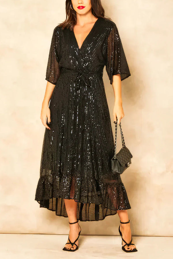 Color Sequined V-neck Waist Tie Loose Maxi Dress