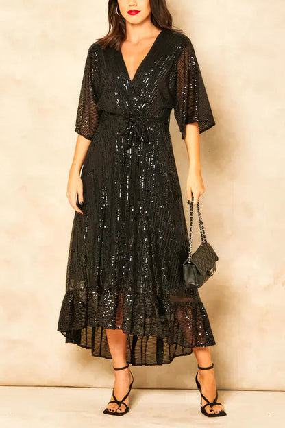 Color Sequined V-neck Waist Tie Loose Maxi Dress