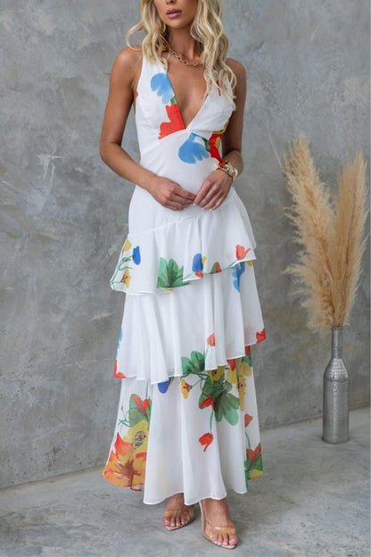 Refreshing Print Back Lace-up Multi-teir Ruffle Hem Maxi Dress