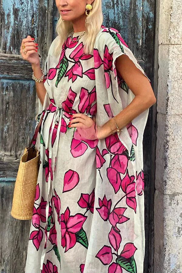 Print Dolman Sleeve Belted Loose Maxi Dress
