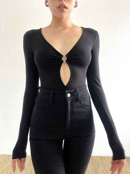 ��s Long-sleeved Bodysuit Color Hollow Low-cut V-neck Jumpsuit Spicy Girl Top Club Y2k Clothing