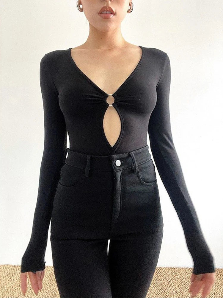 ��s Long-sleeved Bodysuit Color Hollow Low-cut V-neck Jumpsuit Spicy Girl Top Club Y2k Clothing