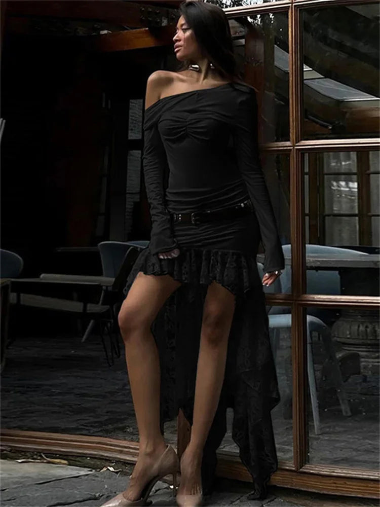 Lace Patchwork Mini Dress ’s Off-shoulder Long Sleeve High Waist Pleated Party Dress Female Mini Dress