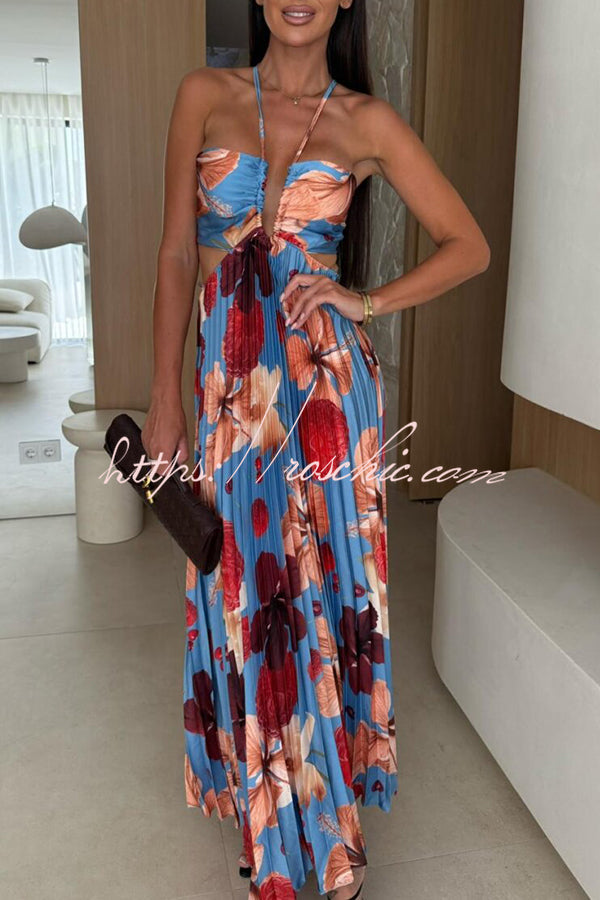 Casey Satin Print Cutout Halter Back Tie-up Pleated Maxi Dress