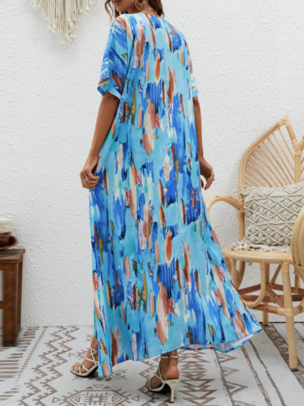 Loose Short Sleeves Contrast Color High-waisted Printed V-neck Maxi Dresses