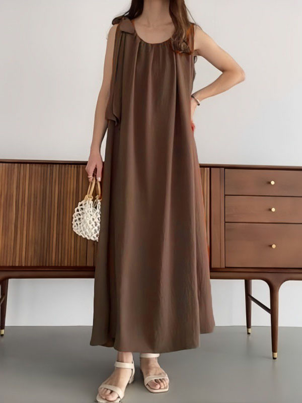 High Waisted Loose Pleated Color Tied Round-neck Maxi Dresses