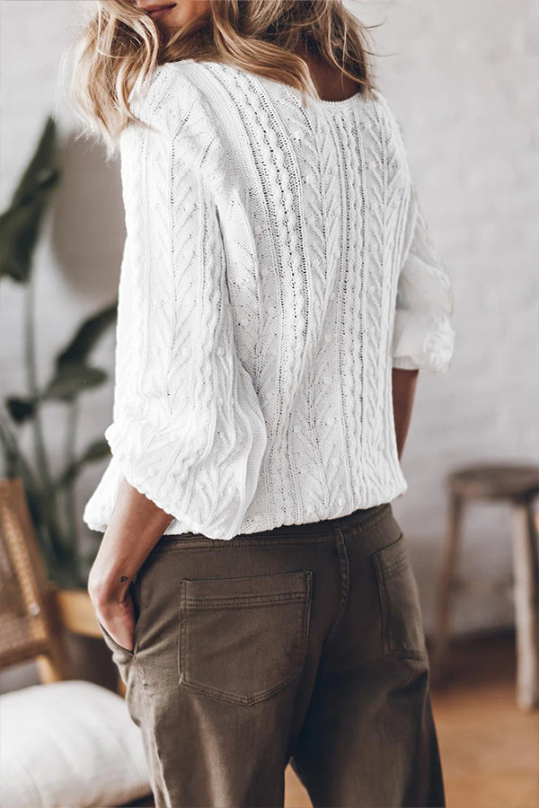 White Cable Knit V Neck Puff Sleeve Cardigan