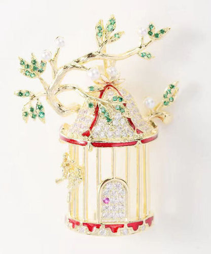 Yellow Zircon Crystal Pearl Bird Cage Brooches