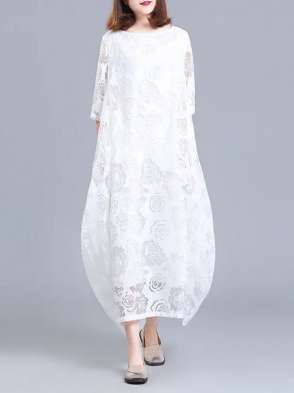 A-line Half Sleeves Flower Print See-through Color Round-neck Midi Dresses