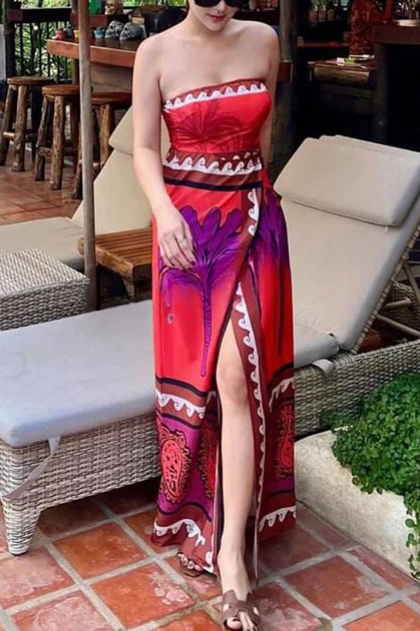 Botanical Print Stretchy Tube Top High Waist Slit Maxi Dress