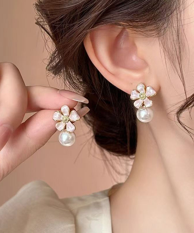 Pink Copper Alloy Pearl Stud Earrings