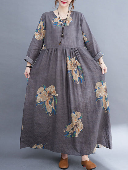 Loose Pleated Flower Printed Round-neck Long Sleeves Maxi Dress