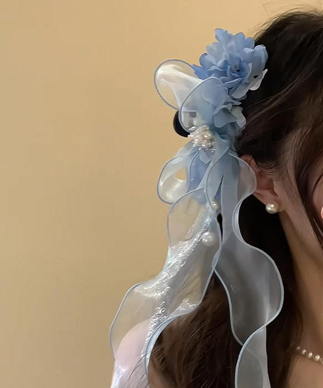 Blue Tulle Bow Pearl Ribbon Hairpin