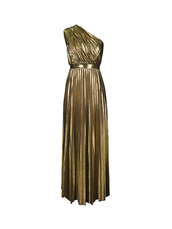 High Waisted Loose Asymmetric Pleated Shiny Color One-shoulder Maxi Dresses