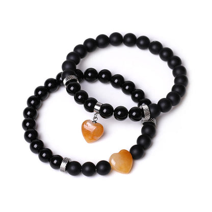 Buddha Stones 2pcs Black Onyx Crystal Stone Love Heart Protection Support Couple Bracelet