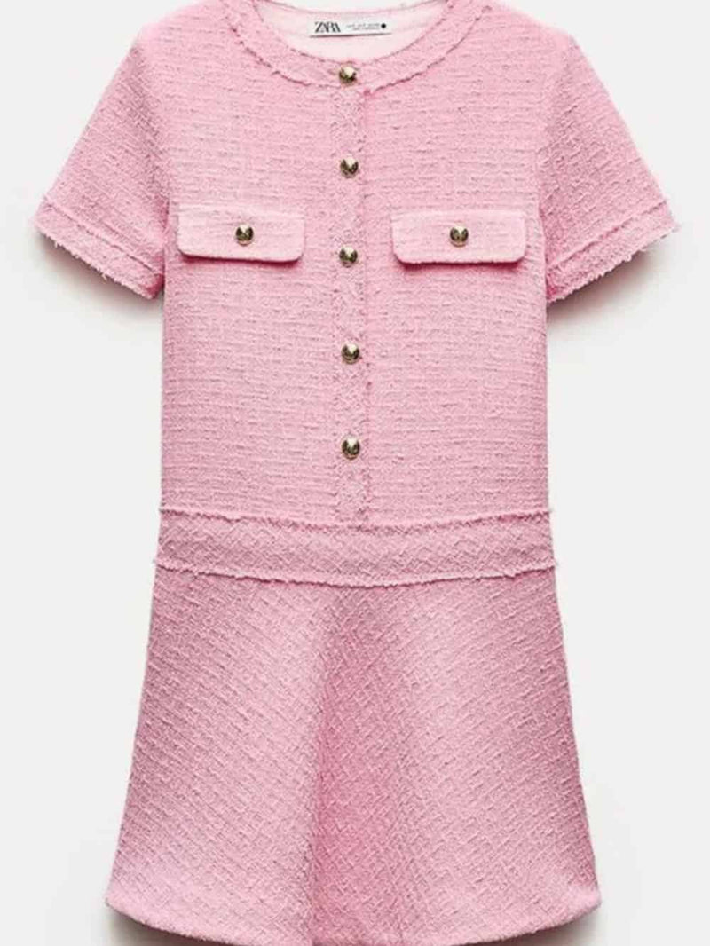 1960s London Girl Tweed Textured Gold Button Short Sleeve Pocketed Mini Dress