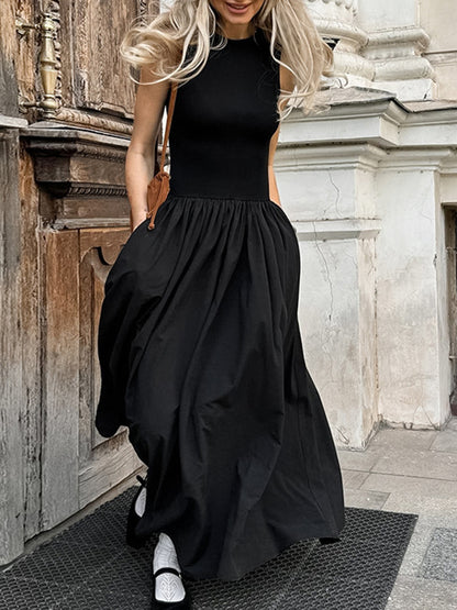 A-line Sleeveless Color Split-joint Round-neck Maxi Dresses