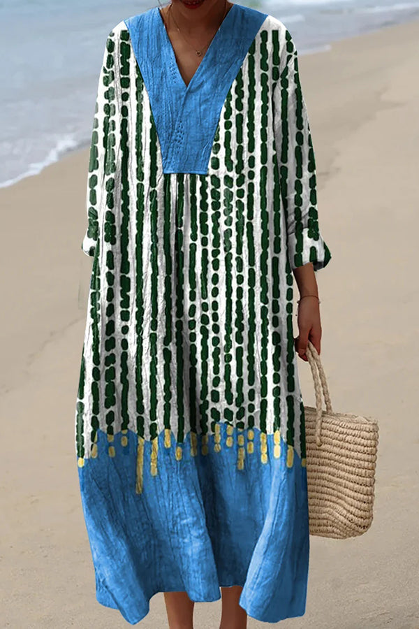 Dotted Line Stripe Print V-neck Long Sleeve Loose Midi Dress