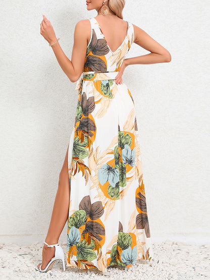 A-line Loose Flower Print Pleated Split-front Tied Waist V-neck Maxi Dresses