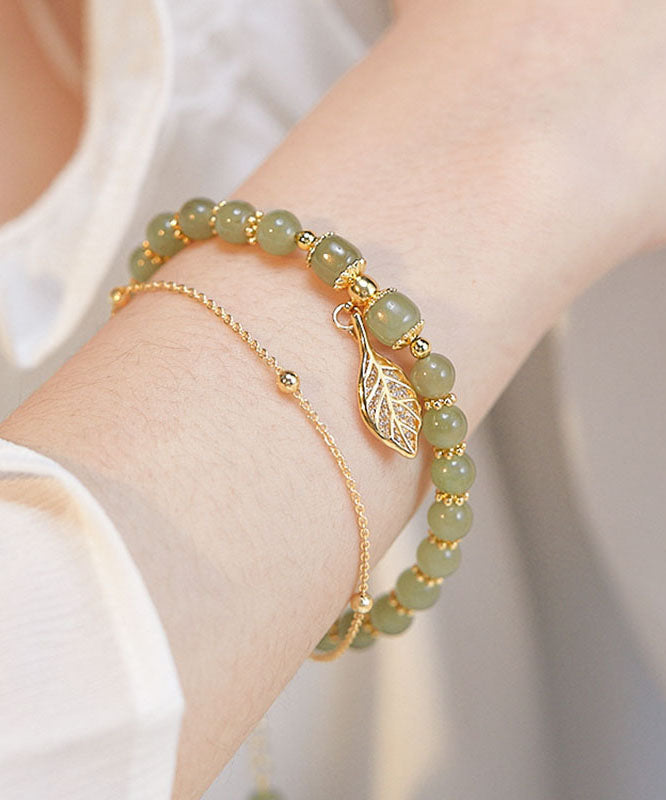 Green 18k Gold Inlaid Jade Zircon Leaf Charm Bracelet
