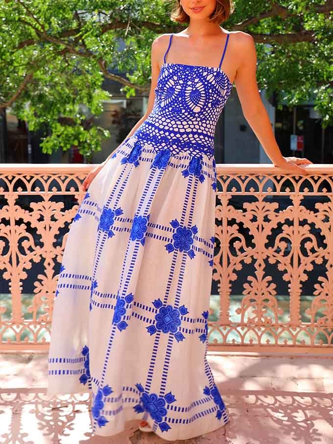 Unique Painted Crochet Print Midi Dress