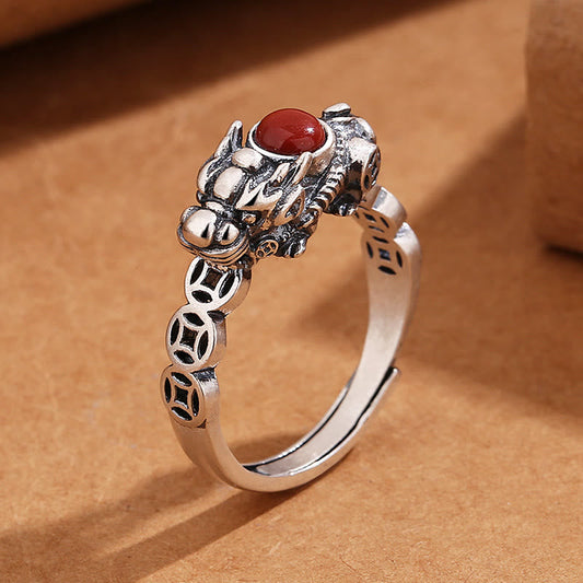 Buddha Stones Pixiu Copper Coin Red Agate Wealth Luck Ring