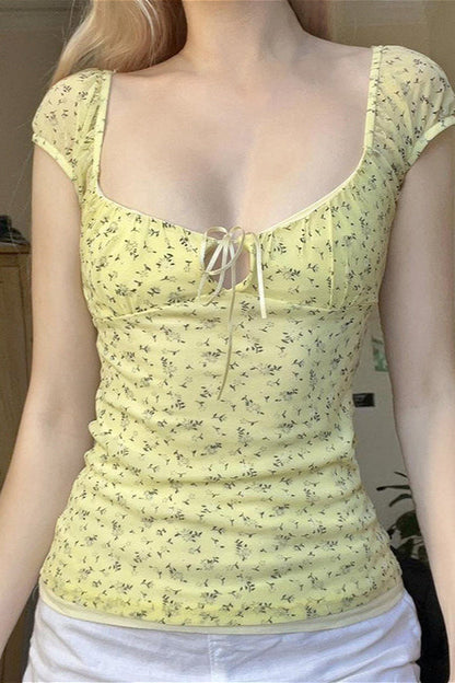 Cutout Tie Waist Yellow Blouse