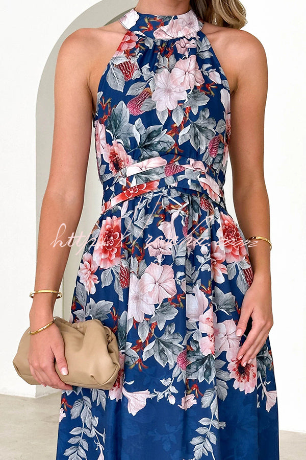 Print Halterneck Tie Zip Smocked Maxi Dress