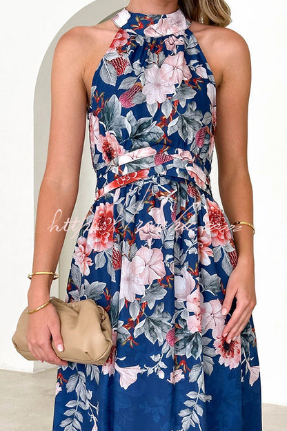Print Halterneck Tie Zip Smocked Maxi Dress
