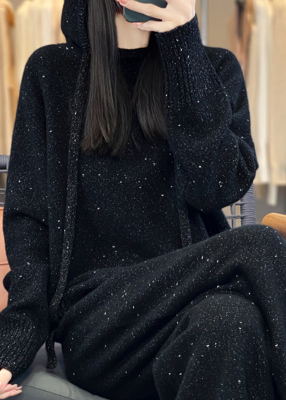 Organic Black Hooded Sweaters and Pants Woolen Two Pieces Set Fall Wv018