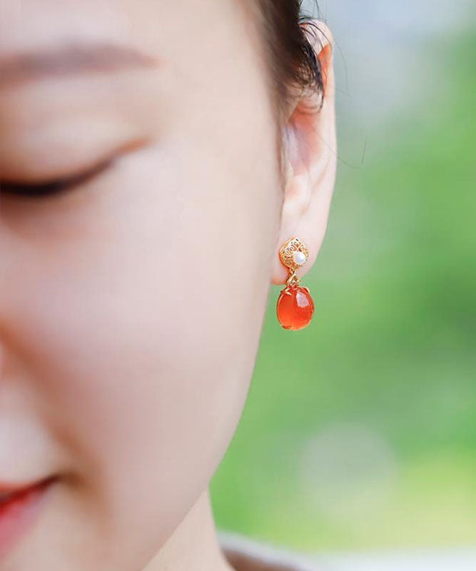 Simple Red 18k Gold Inlaid Jade Agate Drop Earrings