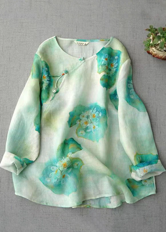 Grace Pink O Neck Print Chinese Button Linen Blouse Top Fall Qb031