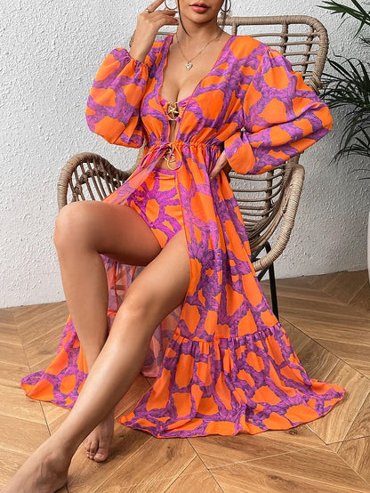 Starfish Printed Cutout One Piece Swimsuit and Cardigan