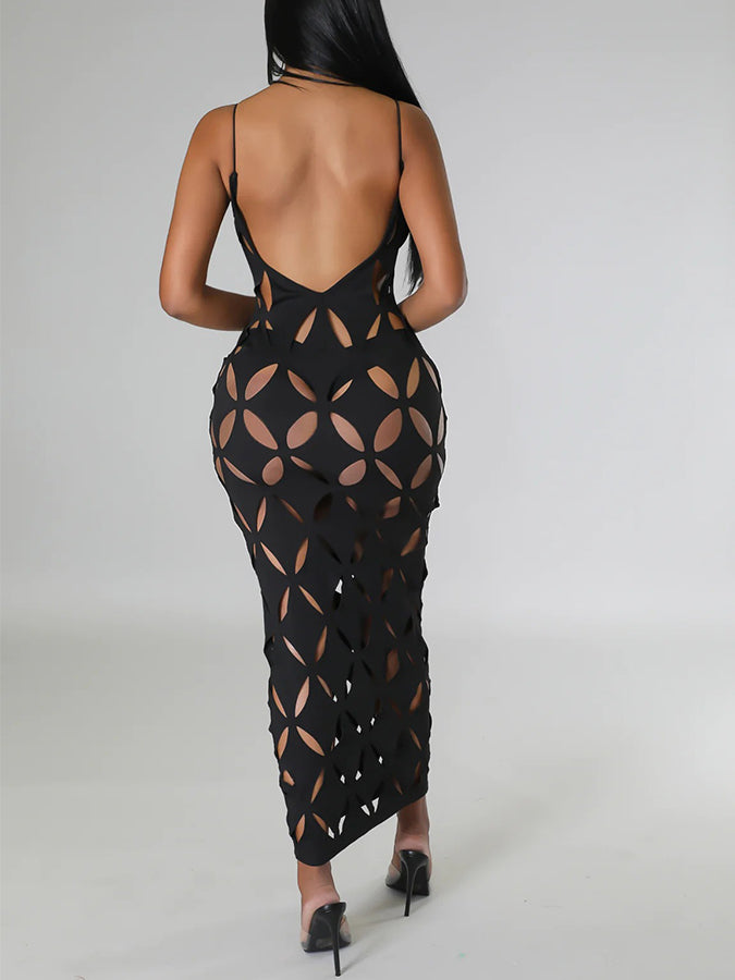 Black Laser-cut Maxi Dress Cover-up and Black Bikini