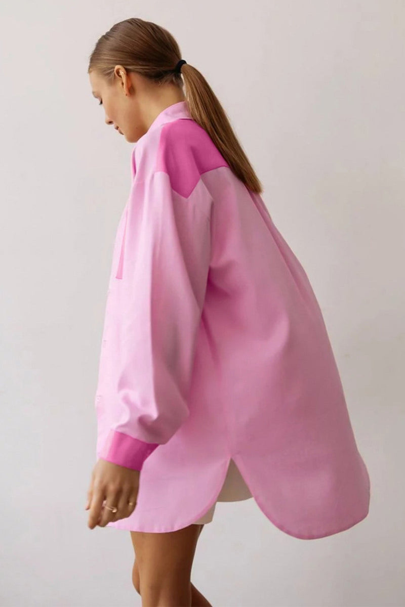 Pink Lapel Pocket Button-up Long Sleeve Blouse